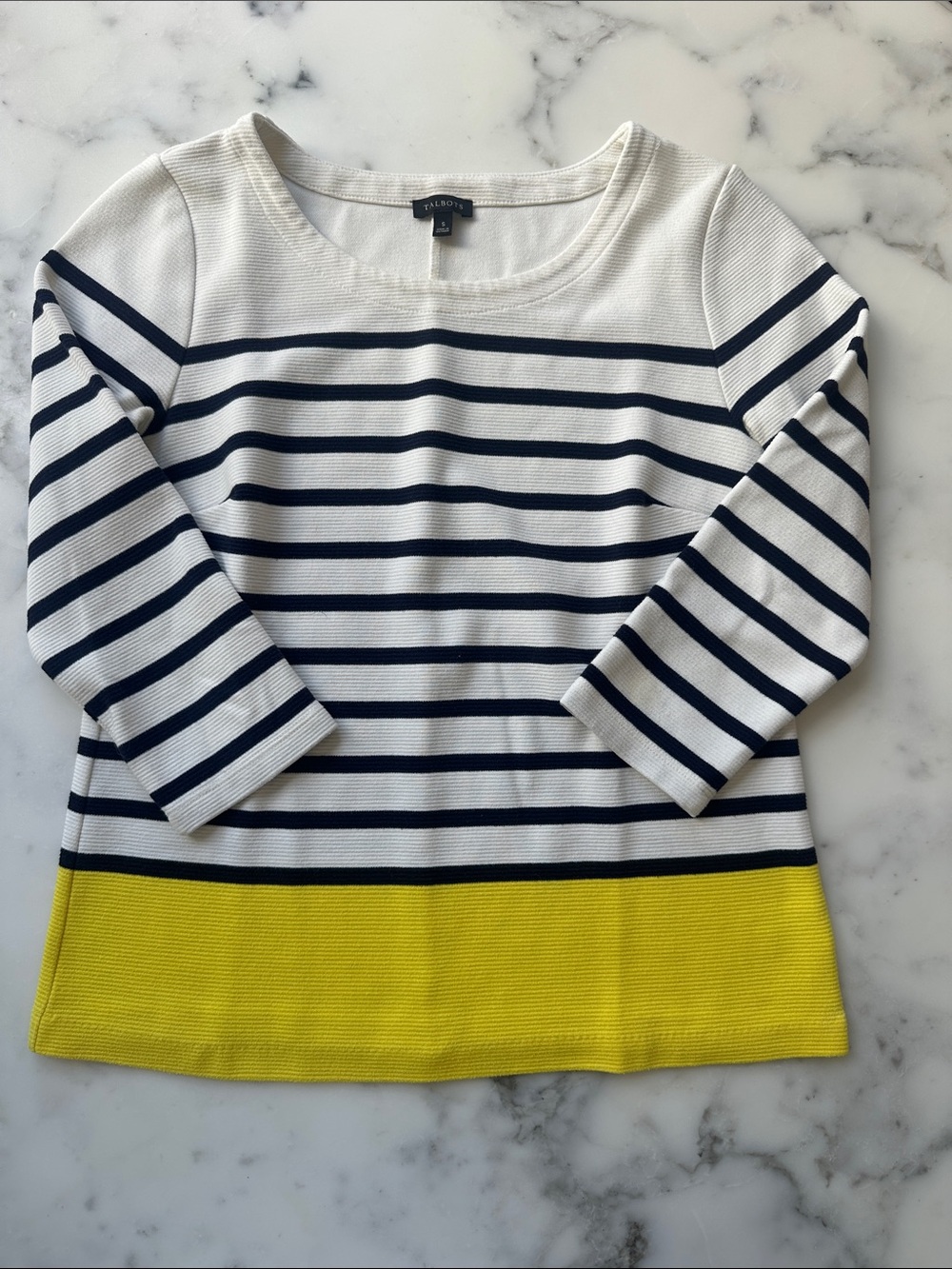 Talbots White Navy Striped Sweater with Yellow Hem